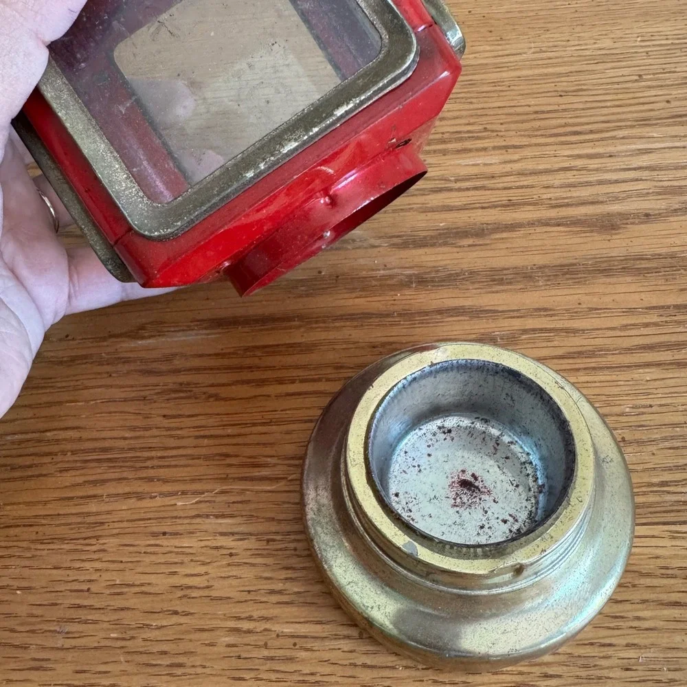 Vintage Red Metal and Brass Glass Pane Lantern Candle Holder Made in Hong Kong